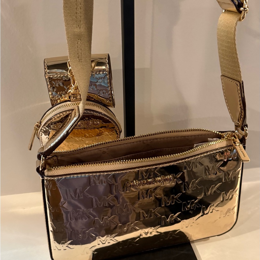 Jet Set Small gold Metallic Logo Debossed Crossbody with tech attachments - Picture 2 of 8